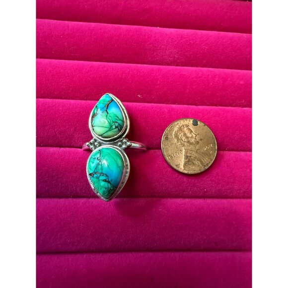 Double Teardrop Turquoise & Sterling Silver Ring Size 9 - Picture 5 of 7